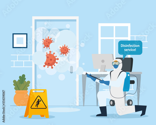 Man with protective suit spraying office room with covid 19 virus design, Disinfects clean and antibacterial theme Vector illustration