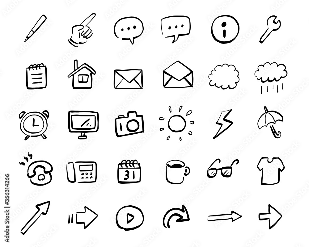 ペン 指 吹き出し メモ帳 カメラ メール 天気 電話 矢印等のアイコン Stock Vector Adobe Stock