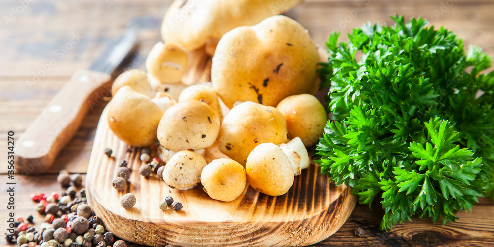 mushrooms on a board, selective focus mushrooms on a board, selective focus