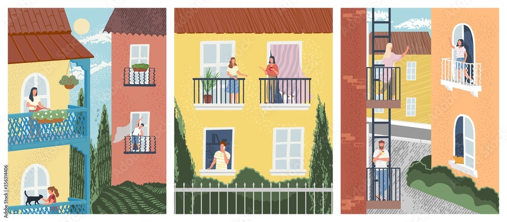 Building facade with people on balconies. Men and women talking to neighbours, exercise, watering flowers. Concept of neighbors in quarantine. Vector illustration