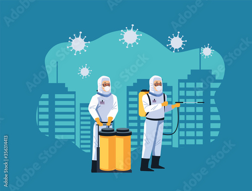 biosafety workers with sprayers disinfectant and covid19 particles