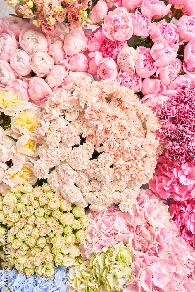 Floral carpet or Wallpaper. Background of mix of flowers. Beautiful flower  for catalog or online store. Floral shop and delivery concept. Top view.  Copy space Stock Photo | Adobe Stock