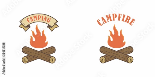 Set of color illustrations bonfire, ribbon and text on a white background. Vector illustration on the theme of outdoor recreation. Camping logo.