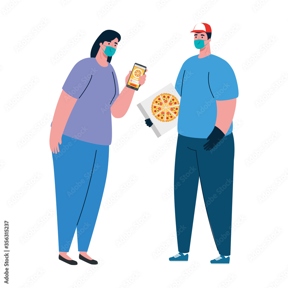 man and woman client with mask and pizza box design, Safe delivery logistics and transportation theme Vector illustration man and woman client with mask and pizza box design, Safe delivery logistics and transportation theme Vector illustration