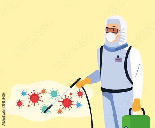 biosafety worker with sprayer disinfectant and covid19 particles