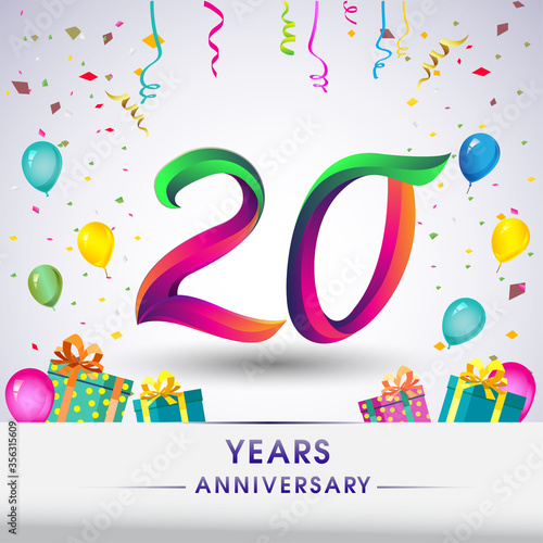 20th Anniversary Celebration Design, with gift box, balloons and confetti, Colorful Vector template elements for birthday celebration party.