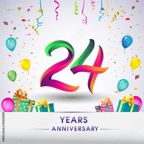 24th Anniversary Celebration Design, with gift box, balloons and confetti, Colorful Vector template elements for birthday celebration party.