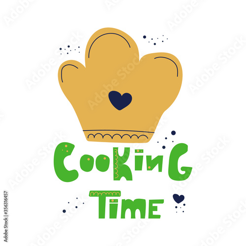 Chef hat with a heart and the text cooking time. Cooking classes concept. Flat hand drawn illustration.