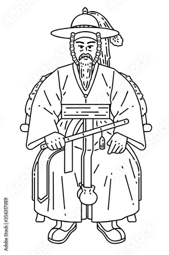 Vector line art illustration of admiral Yi Sun-shin. He was a Korean naval commander famed for his victories against the Japanese navy during the Imjin war in the Joseon Dynasty.