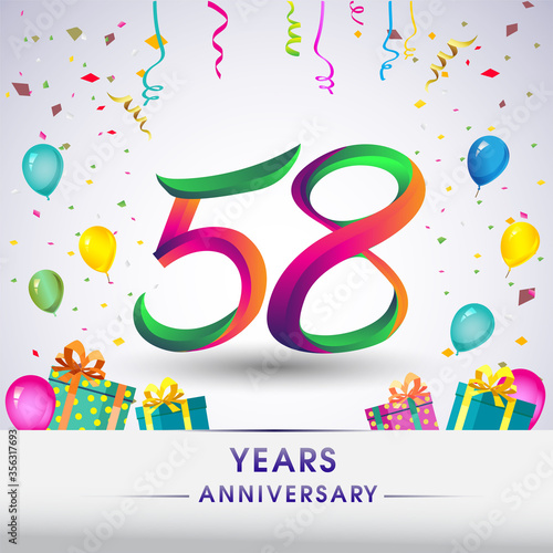 58th Anniversary Celebration Design, with gift box, balloons and confetti, Colorful Vector template elements for birthday celebration party.