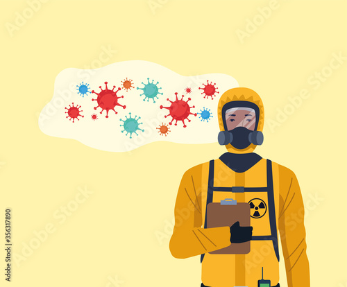 biosafety worker with biohazard suit and covid19 particles
