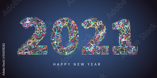 2021. Happy new year greeting with color line on the dark blue background.