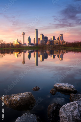 Dallas downtown view at sunset with reflection