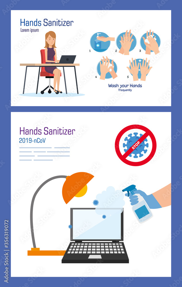 Businesswoman on desk with hands sanitizer and laptop design, Disinfects clean antibacterial and hygiene theme Vector illustration Businesswoman on desk with hands sanitizer and laptop design, Disinfects clean antibacterial and hygiene theme Vector illustration