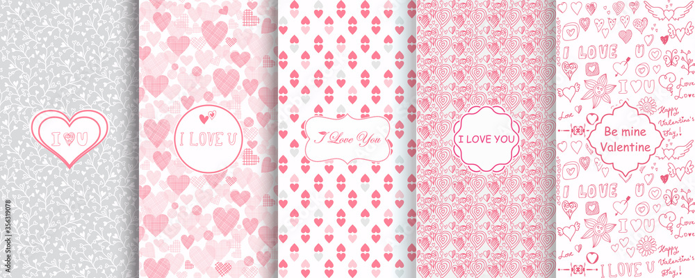 Fototapeta Set of Abstract seamless hand drawn patterns with hearts and flowers Template greeting card, invitation, wrapping paper, brochure, website background. Cute Valentine cards. Vector illustration