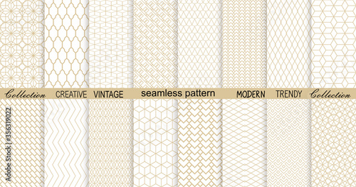 Vector Art Deco seamless patterns collection. Set of geometric ornamental patterns in gold on white background. Cute trendy textures. Modern design for Wallpaper, Fabric, Website Background