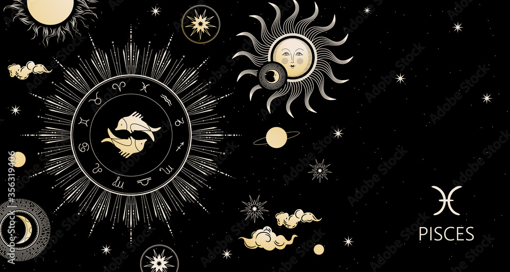 Zodiac background. Constellation Pisces. Horizontal banner. Zodiac circle. Zodiac background. Constellation Pisces. Horizontal banner. Zodiac circle.