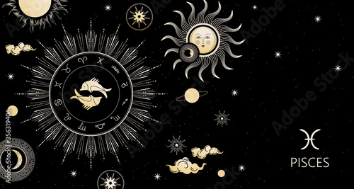 Zodiac background. Constellation Pisces. Horizontal banner. Zodiac circle.