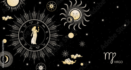 Zodiac background.Virgo zodiac sign. Horizontal banner. Zodiac circle.