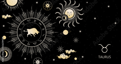 Zodiac background. Taurus zodiac sign. Horizontal banner.