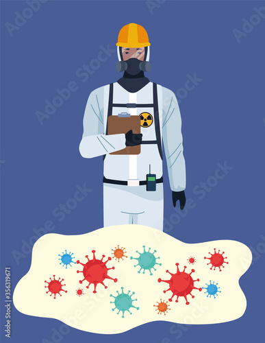 biosafety worker with biohazard suit and covid19 particles