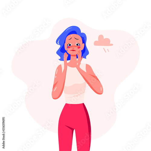 Young lady cartoon character crying isolated on white background. Depression, problem, stress, feeling tired, negative emotions concept. Vector flat illustration.