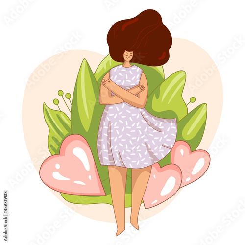 Vector Love yourself and take care of yourself concept. Girl, hugging herself with big love heart. Girl Healthcare Skincare illustration about Take time for your self.
