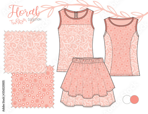 AS_Tween_Girl_Tanktop_Layered_Skirt_Outfit_Illustration_Eyelet_Pattern_Floral_Print_Coral_Peach_Color_Background