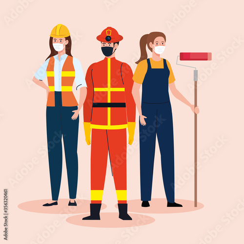 firefighter with workers group in covid 19, workers wearing medical mask against coronavirus vector illustration design