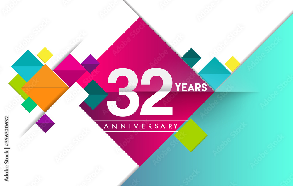 32nd years anniversary logo, vector design birthday celebration with colorful geometric isolated on white background.