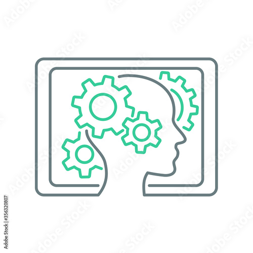 eLearning technology  - human head with gearbox inside and framed with tablet shape  - conceptual thin line vector illustration for modern smart technologies