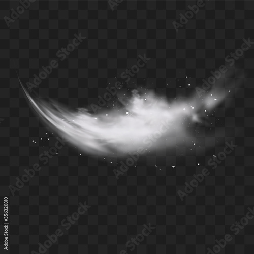 White snow explosion with particles and snowflakes splash isolated on transparent dark background. White flour powder explosion, Holi paint powder. Smog or fog effect. Realistic vector illustration
