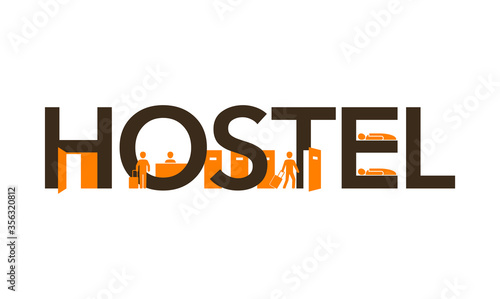 Hostel logo for reception signboard  banner with creative decoration - small silhouettes of reception,arriving tourist and sleeping room.