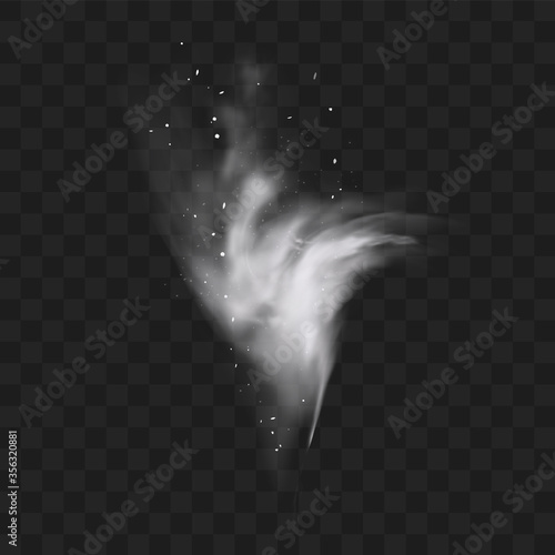 White snow explosion with particles and snowflakes splash isolated on transparent dark background. White flour powder explosion, Holi paint powder. Smog or fog effect. Realistic vector illustration