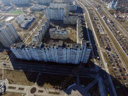 Modern residential area of Kiev at winter time (drone image)