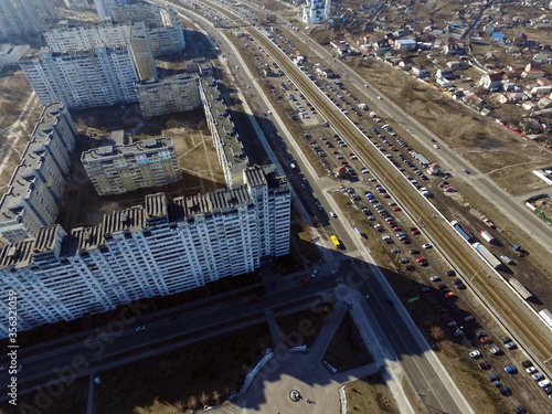 Modern residential area of Kiev at winter time (drone image)