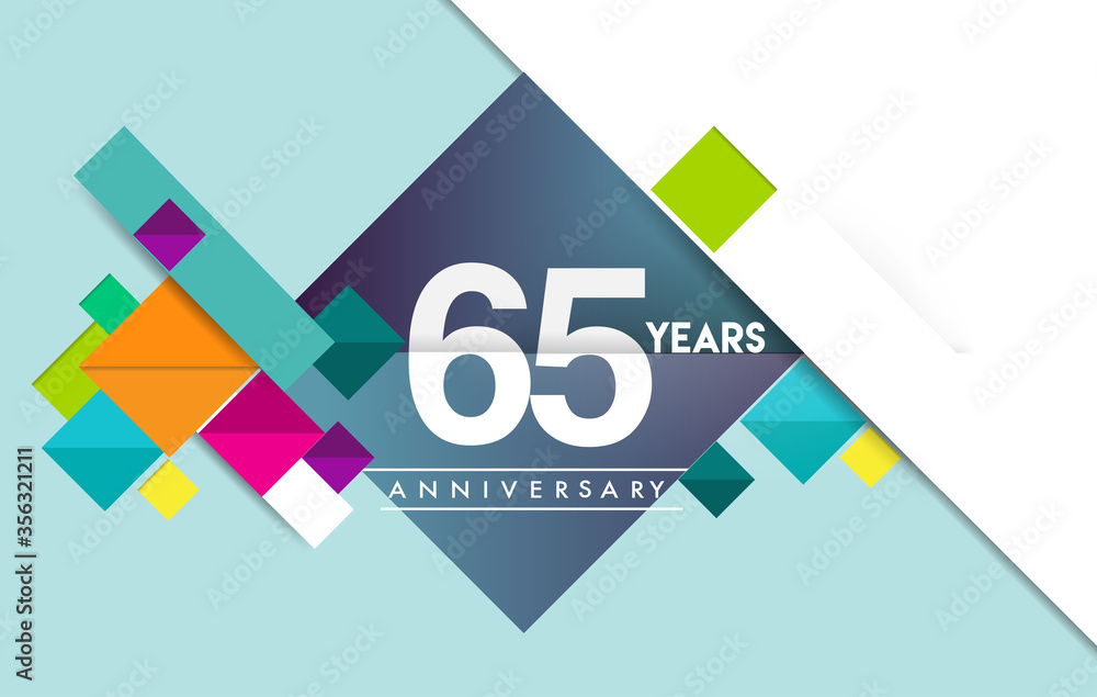 65th years anniversary logo, vector design birthday celebration with colorful geometric isolated on white background.
