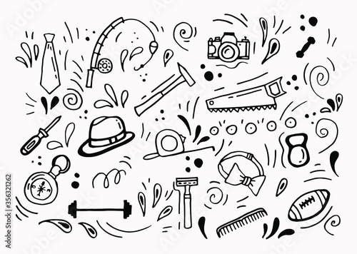 Doodle-style set for Father's Day. Hand-drawn set of masculine items. White background, isolate.