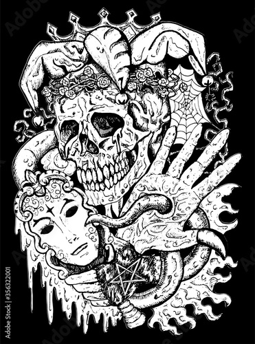 Fantasy joker skull with mask and tentacles.