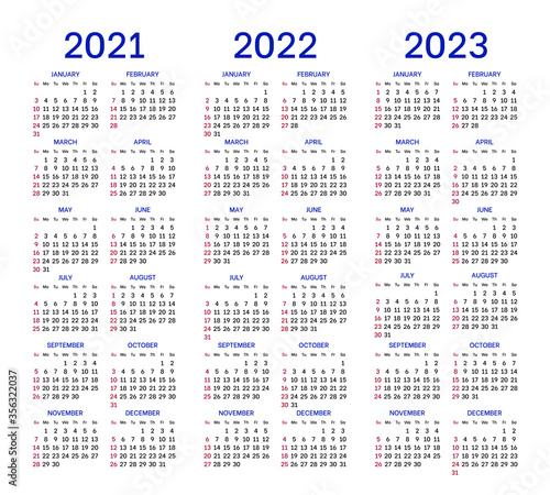 Calendar layouts set for 2021, 2022 and 2023 years. English template with basic grid on white background. Week starts from Sunday. Vertical annual calendar from January to December vector design