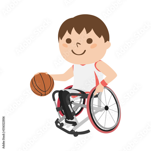 車いすバスケットボール選手のイラスト。笑顔でプレーしてる若い男性。