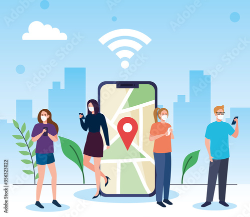 people wearing medical mask communicating by smartphones, covid 19, social media coronavirus concept vector illustration design