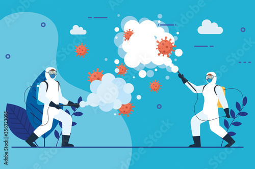 men with protective suit spraying covid 19 virus design, Disinfects clean antibacterial and hygiene theme Vector illustration