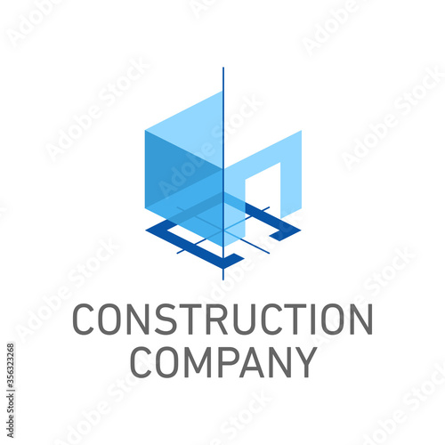 Architectural design or building company logo template or icon - building form prozected to blue print - modern creative emblem