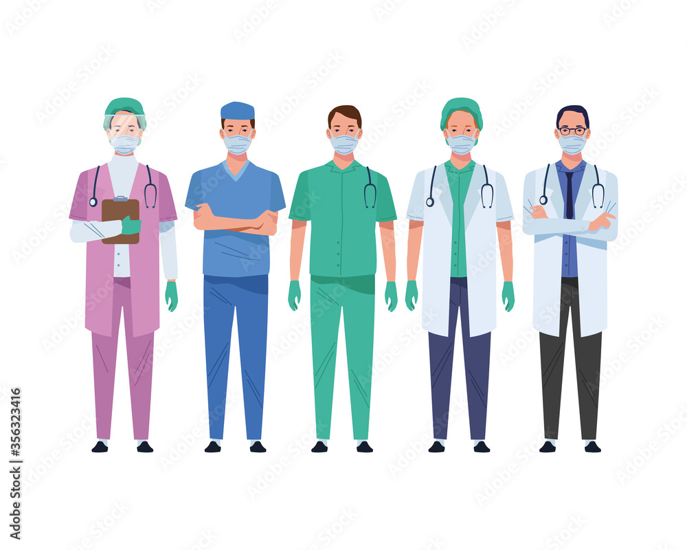 doctors staff wearing medical masks characters
