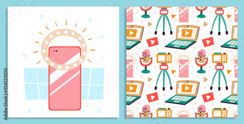 Blogging, vlogging set. Filming items. Laptop, camera, tripod, microphone, lightning, smartphone. Flat colourful vector seamless pattern, texture, background, backdrop. Selfie, photo. Card making.
