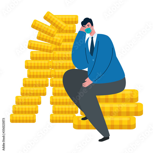 businessman with mask and coins design of bankruptcy and covid 19 virus theme Vector illustration