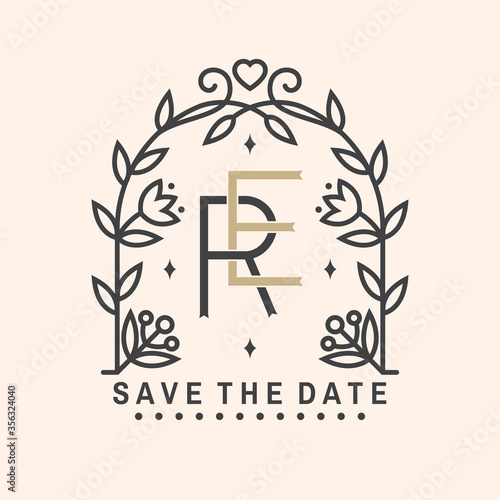 Wedding invitation card template. Vector Thin line geometric badge. Outline icon for save the date invitation card design. Modern minimalist design with wedding arch and leaf, flowers decor