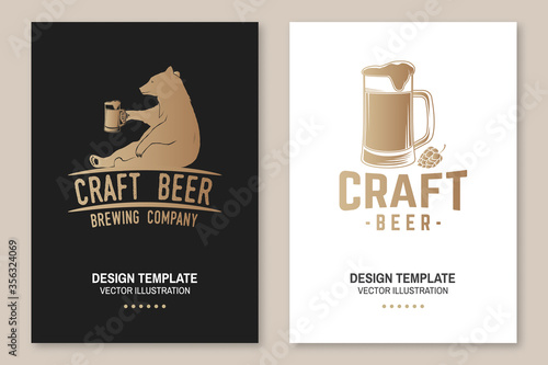 Craft Beer poster, flyer, template, card with bear. Vector. Vintage design for bar, pub and restaurant business. Coaster for beer.