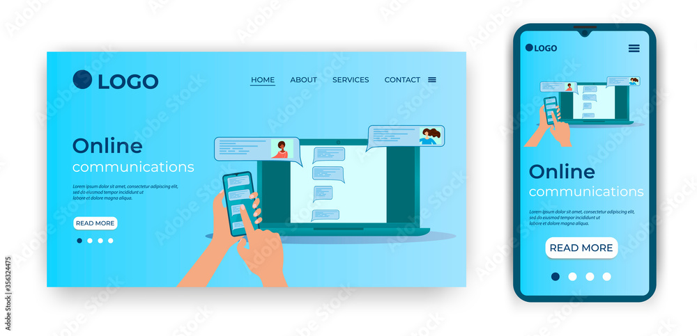 Fototapeta premium Online communications.Hands-on smartphone and laptop.Template for the user interface of the website's home page.Landing page template.The adaptive design of the smartphone.vector illustration.